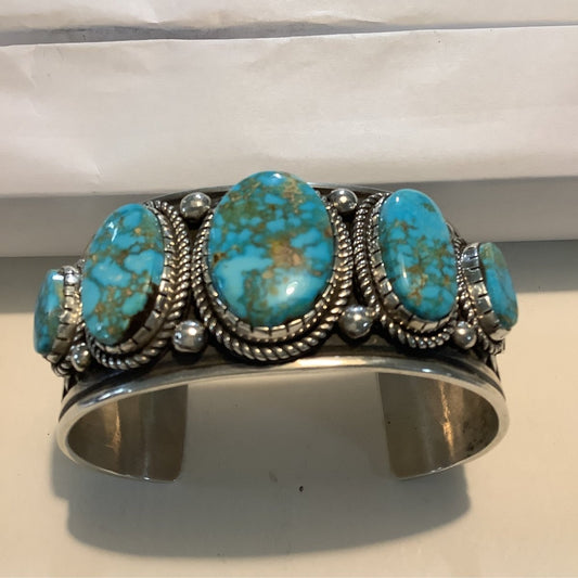 Bracelet, 5 - stone Oval, rope bezel , Kingman, Albert Jake - Turquoise Mustang