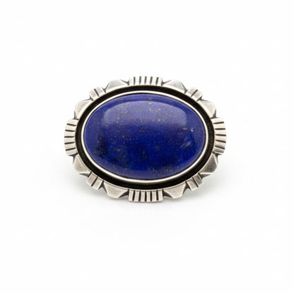 Ring, Large Lapis Oval, Heavy Beveled Bezel with nice Filework, Charley Willie - Turquoise Mustang