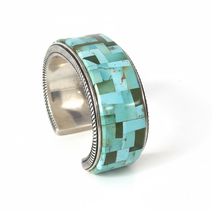 Multi-Mine Turquoise Mosaic Inlay Cuff by R. Bennett, Navajo - Turquoise Mustang