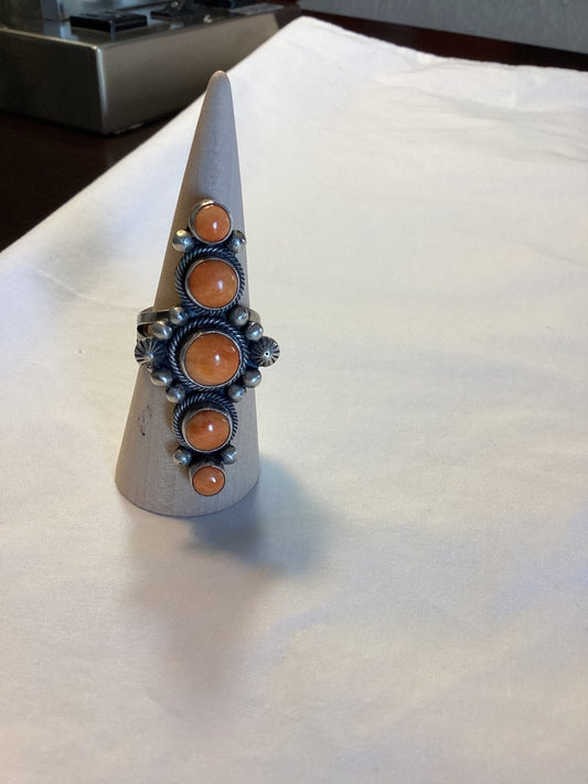 Ring, Orange Spiny Oyster, 5 round stone, rope bezels, Paul Livingston - Turquoise Mustang