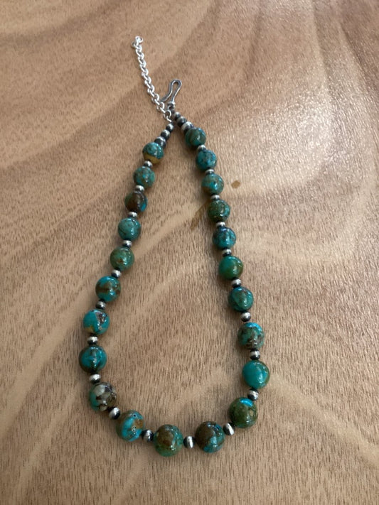 16” 12MM Round Royston Beads w/ 5MM Silver Pearls Necklace - Turquoise Mustang