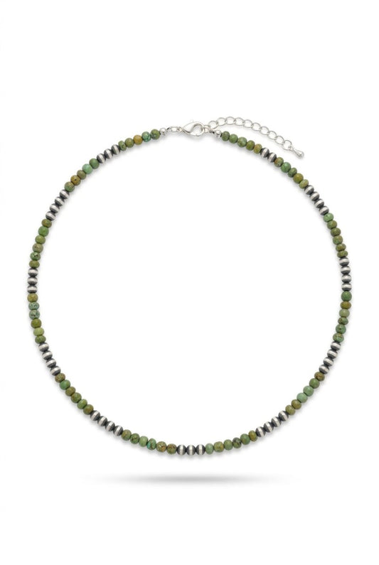 20" Sage Green Kingman Turquoise & Sterling Silver Bead Necklace - Turquoise Mustang