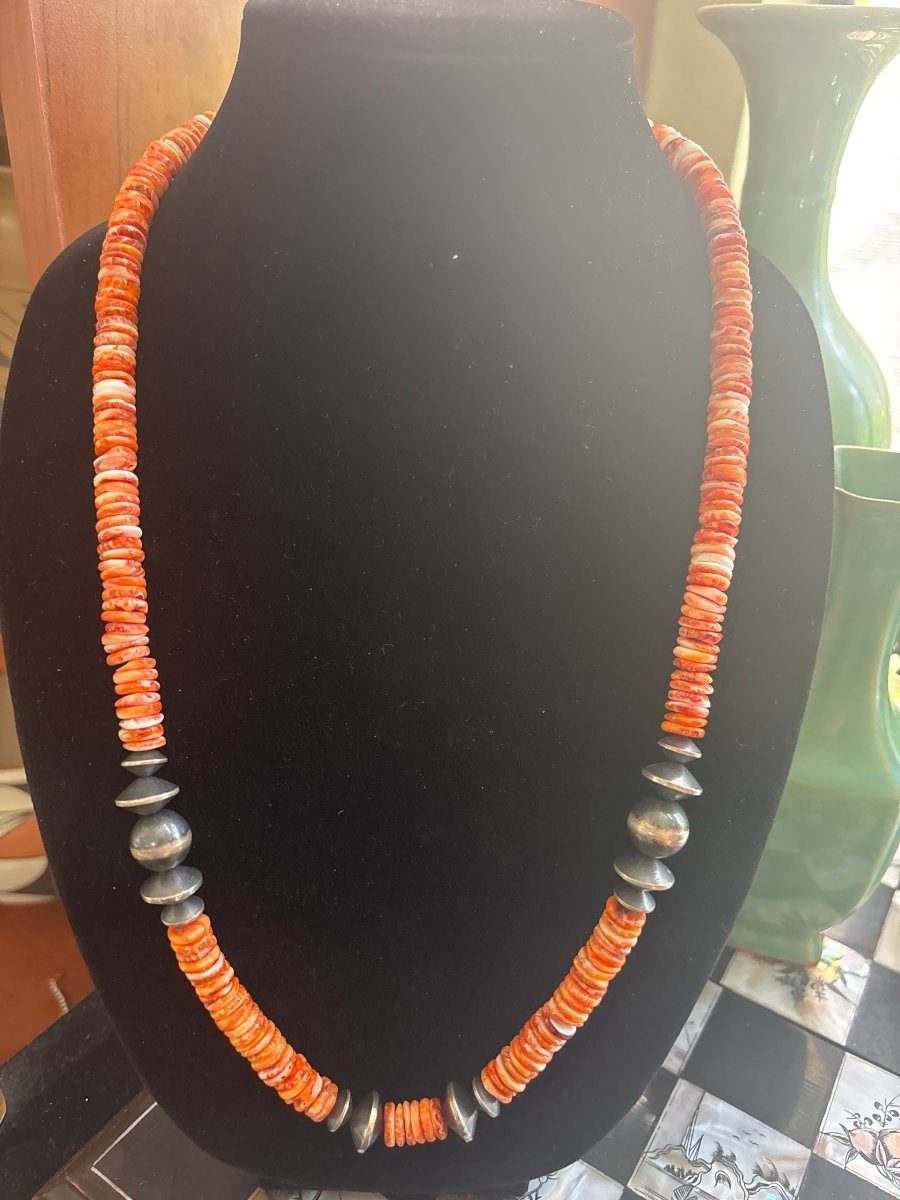 Necklace, 25" x 10mm premium Orange spiny oyster heishi, 10 - 14mm saucer pearls and 14mm riynd pearls, TM - Turquoise Mustang