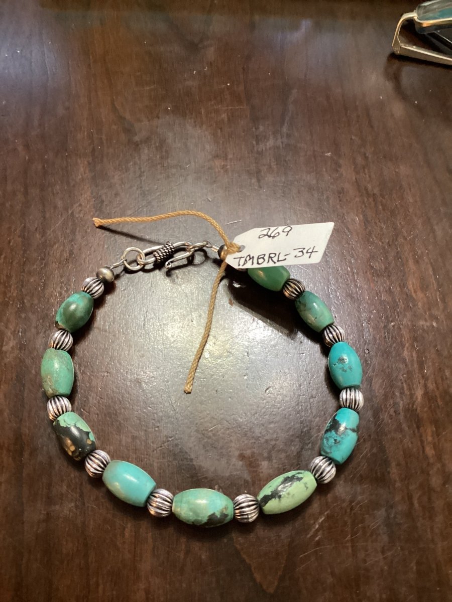 Bracelet 6mm corrugated Navajo Pearls with Turquoise Barrels, Turquoise Mustang - Turquoise Mustang