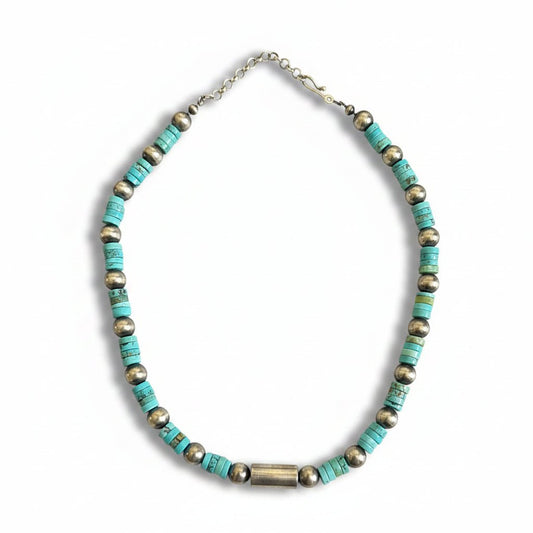 18" Lone Mountain Turquoise Heishi Necklace with 10mm Sterling Silver Pearls & Center Silver Tube Bead - Turquoise Mustang