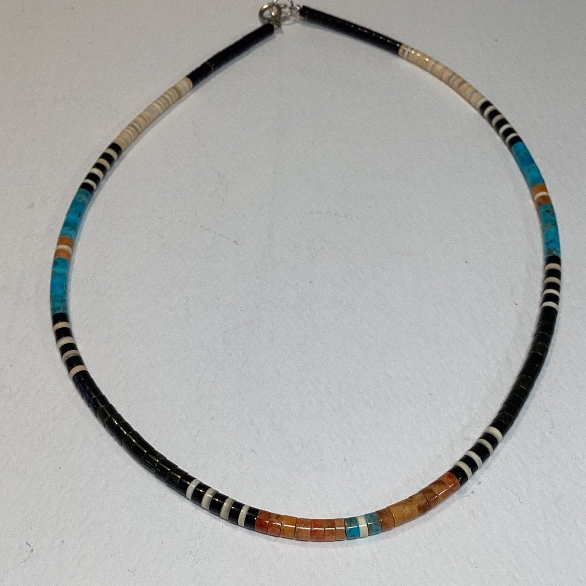 Necklace, 17" 3 - 4mm Graduated Turquois, Oyster, shell Jet Perfect Heishi, Santa Domingo, Mary and Girard Calebasa - Turquoise Mustang