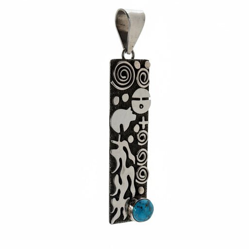 Alex Sanchez Sterling Silver Petroglyph Pendant with Round Turquoise Cabachon - Turquoise Mustang