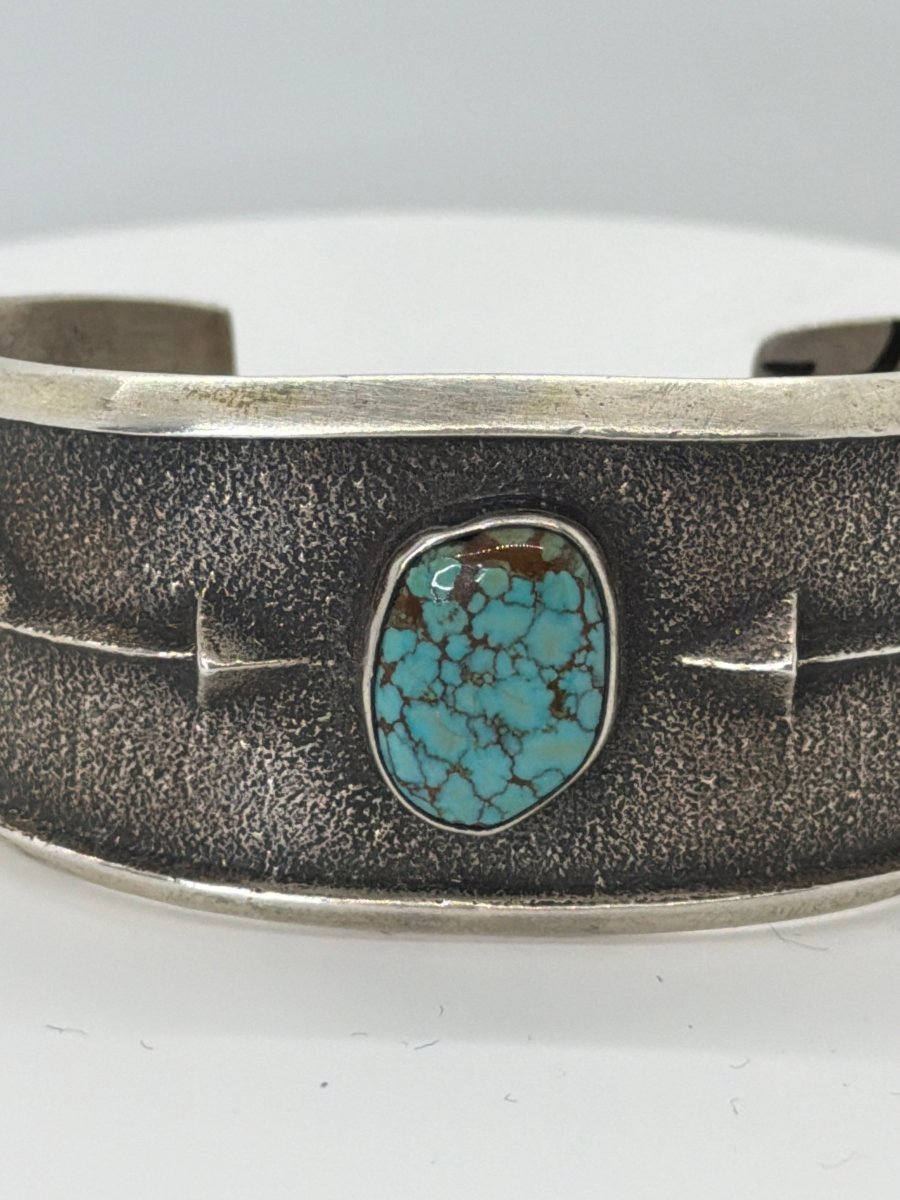 Stunning Tufa Cast Cuff with 8 Turquoise and Crooked Arrow motif by Arizona Anderson - Turquoise Mustang