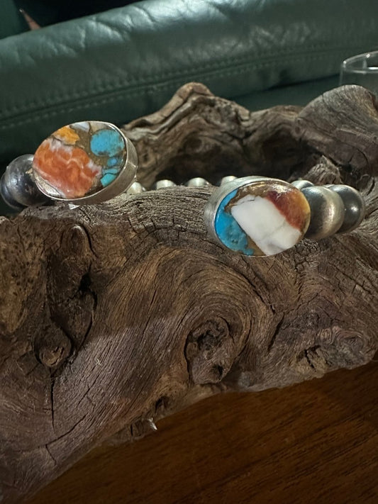 Memory Wire Cuff with Multi - Stone End Caps, by HaDa - Turquoise Mustang