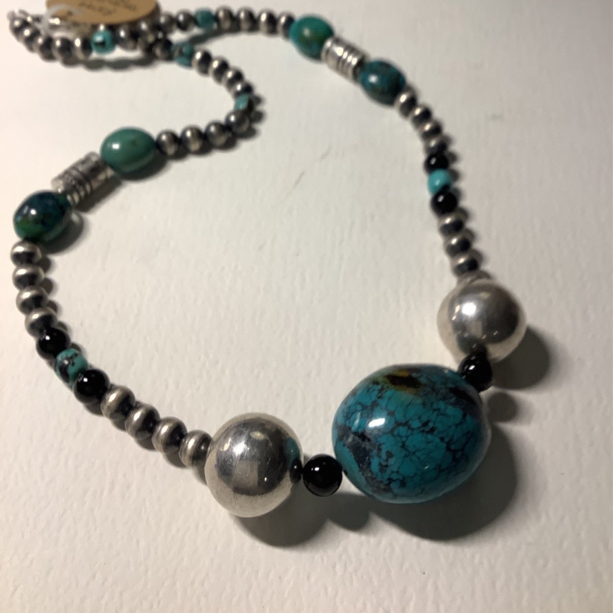Necklace, 23" 8mm Navajo Pearls w/ Emerald Valley Turquoise Egg and Potatoes, Overlay Storteller Beads, TQ & Rope spacers, Turquoise Mustang - Turquoise Mustang