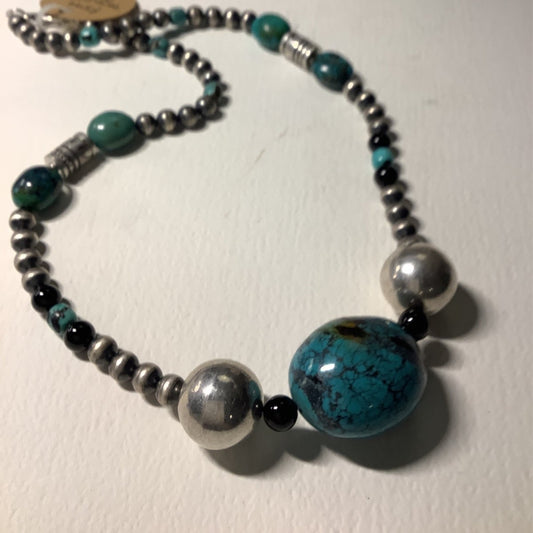 Necklace, 23" 8mm Navajo Pearls w/ Emerald Valley Turquoise Egg and Potatoes, Overlay Storteller Beads, TQ & Rope spacers, Turquoise Mustang - Turquoise Mustang
