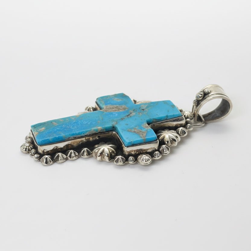 The Passion Flower Cross Pendant in Premium Blue Kingman - Turquoise Mustang
