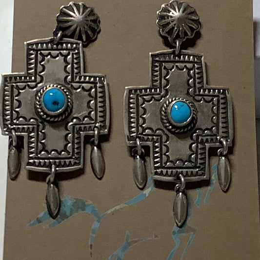 Earring, Navajo Cross with SB center oval, Daryll Cadman - Turquoise Mustang