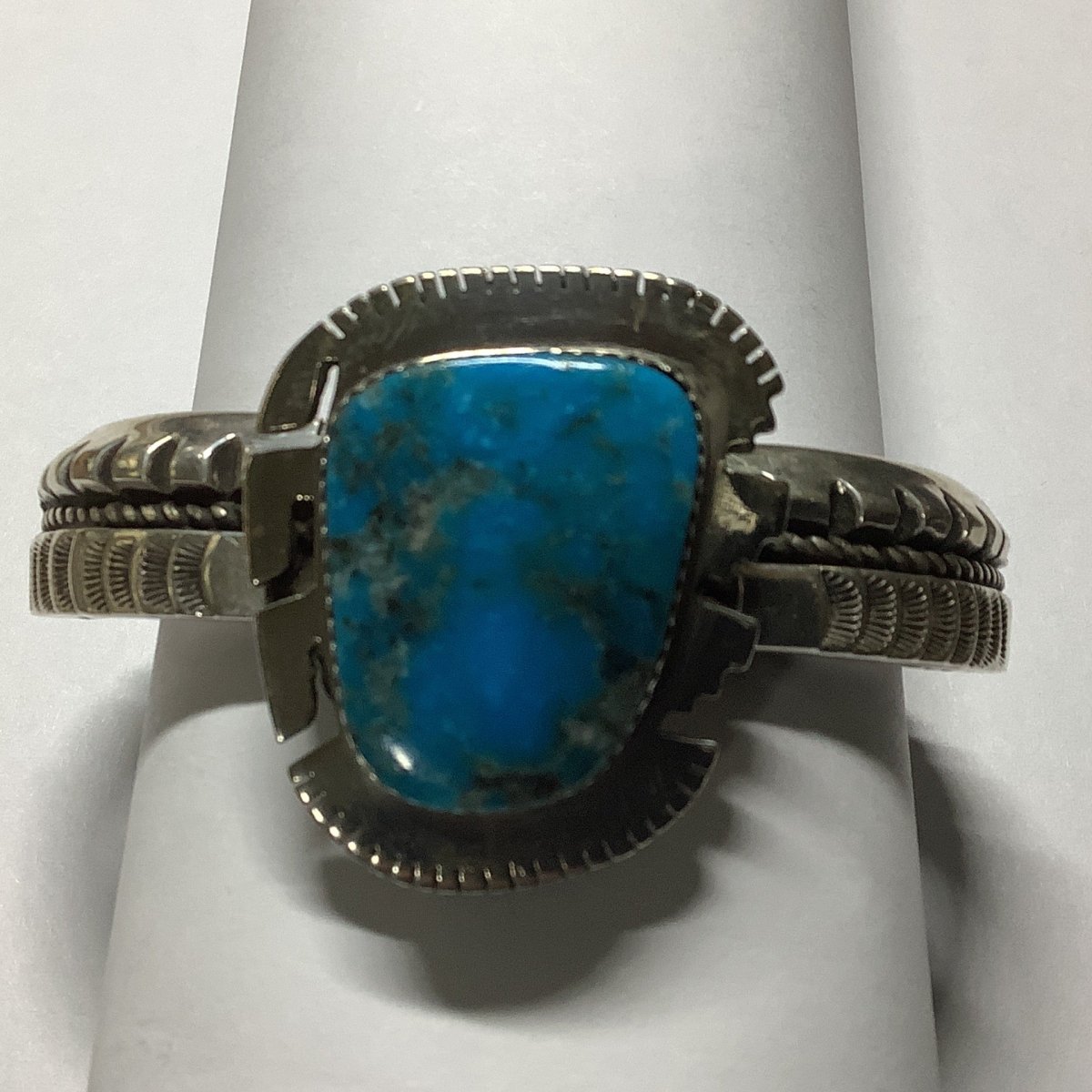 Bracelet, Heavy ingot, stamp, rope, file work, raised platform, freeform turquoise, Ray Fierro - Turquoise Mustang