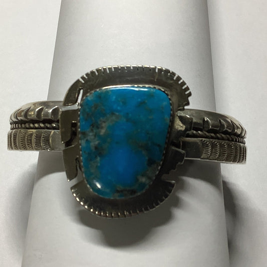 Bracelet, Heavy ingot, stamp, rope, file work, raised platform, freeform turquoise, Ray Fierro - Turquoise Mustang