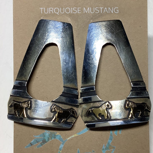 Earring, Silver Stirrups with Gold Horse Overlay, Tommy Singer - Turquoise Mustang