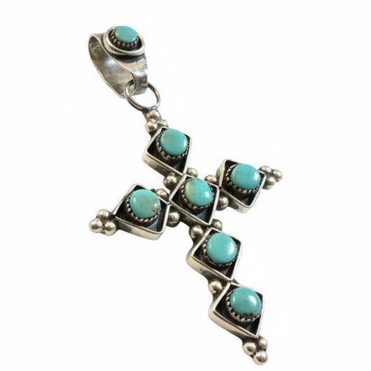 Sage Green Kingman Turquoise and Sterling Silver Cross Pendant, Native American - Turquoise Mustang