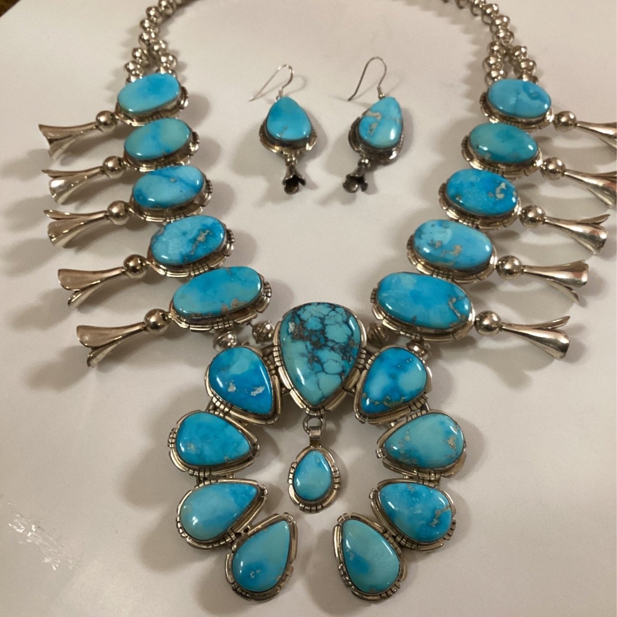 Squash Blossom, earring set, bright silver w file work blossoms, Blue Ridge turquoise, Samson Begay - Turquoise Mustang