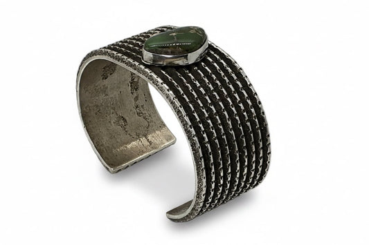 Stunning Tufa Cast Cuff with Olive Green Royston and 18ct Raindrop Embelishment by Arizona Anderson - Turquoise Mustang