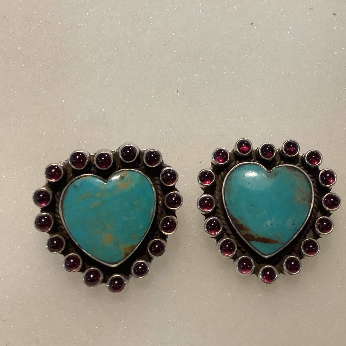 Earrings, Turquoise, Garnet Rounds, Heart, Studs DD - Turquoise Mustang