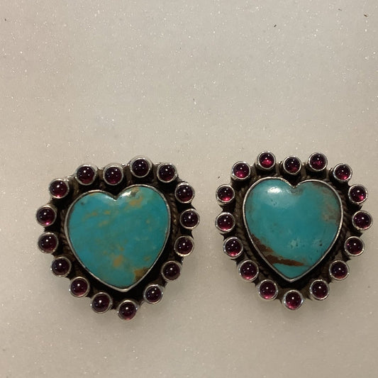 Earrings, Turquoise, Garnet Rounds, Heart, Studs DD - Turquoise Mustang