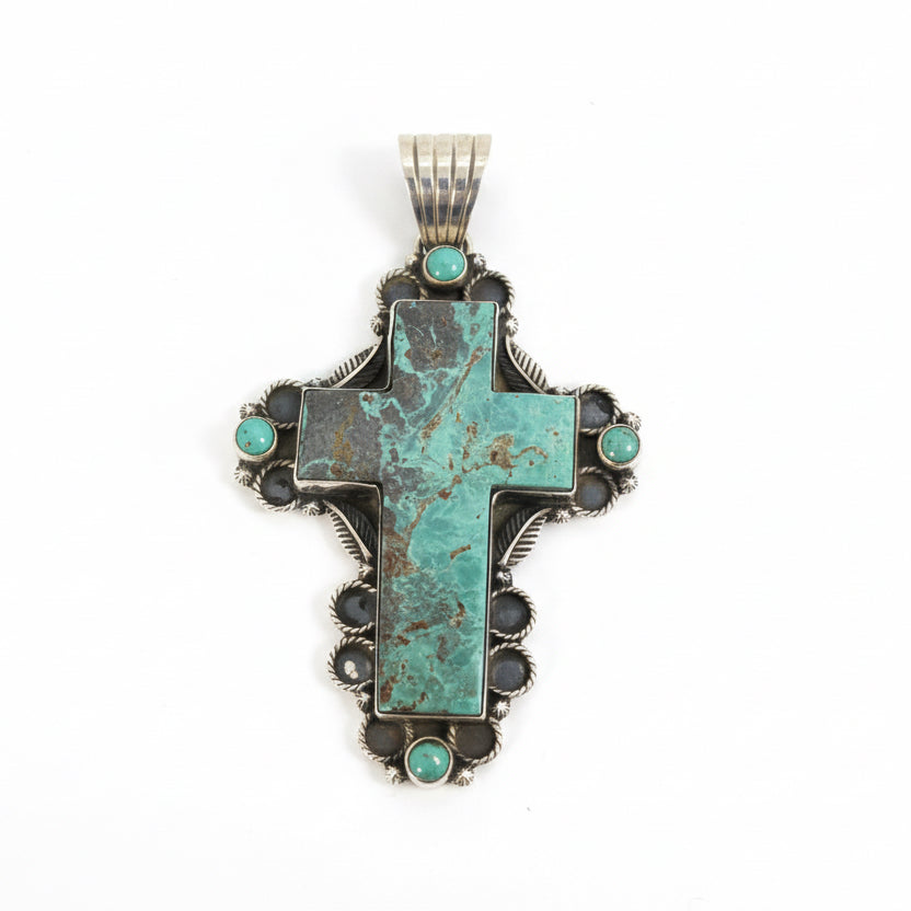 The Primrose Cross Pendant in Sage Green Kingman Turquoise - Turquoise Mustang