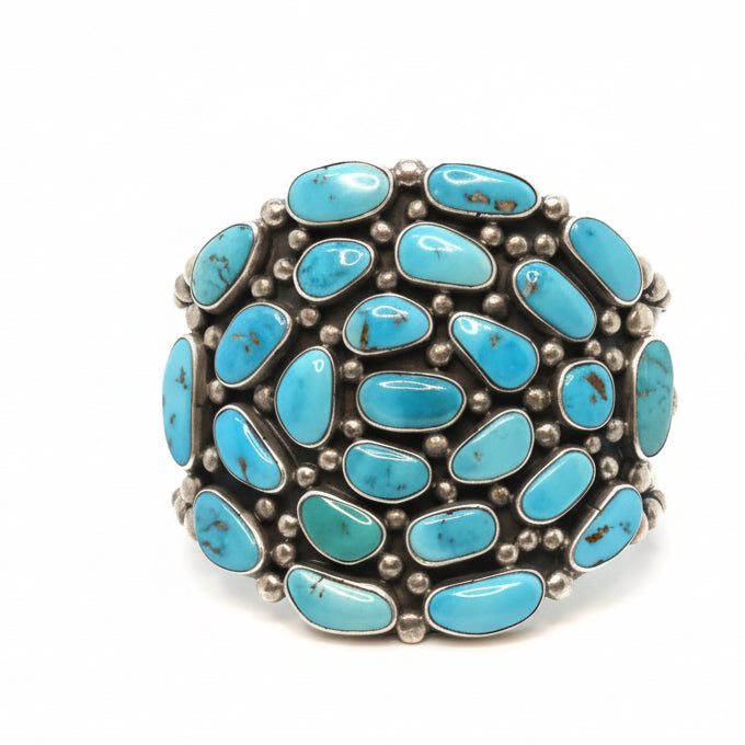 Wide Navajo Cuff with 25 Freeform Turquoise Stones, William Vandever - Turquoise Mustang