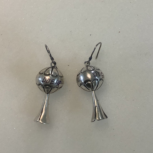 Earrings, All Sliver, Stamped Squash Blossom, DD - Turquoise Mustang