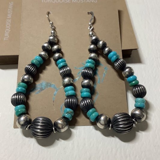 Earring, Navajo Pearl Loops, Fluted pearls, Kingman Rondelles - Turquoise Mustang
