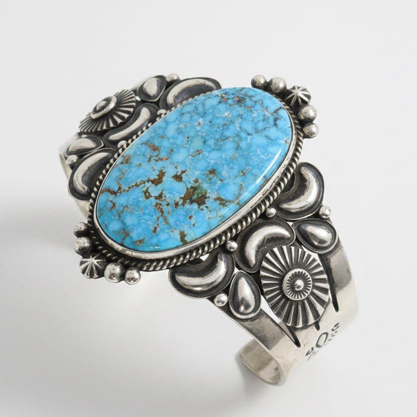 Waterweb Kingman Oval, Repoussé, and Stamp Work, by Derrick Gordon - Turquoise Mustang