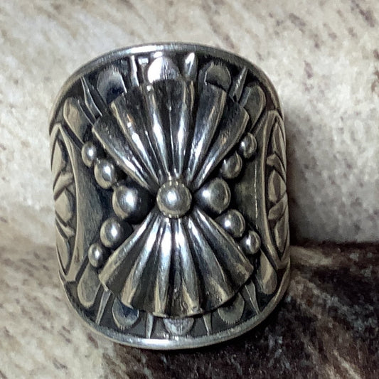 Ring, 2 Repoussee and Stamped Silver, Derrick Gordon (1) - Turquoise Mustang