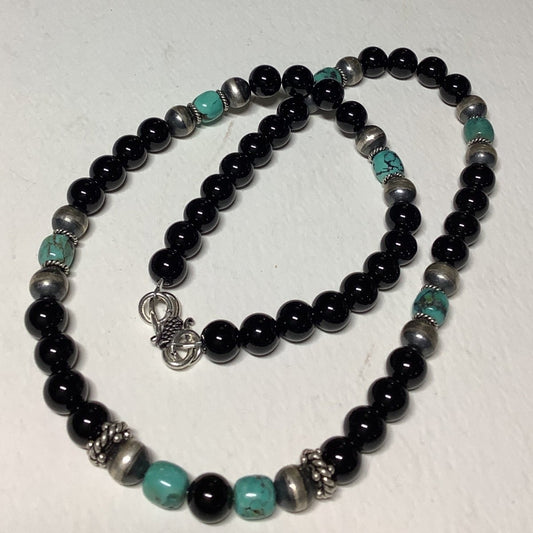 Necklace, 24" 8mm Navajo Pearls & Onyx, Emerald Valley TQ & Rope spacers, Turquoise Mustang - Turquoise Mustang