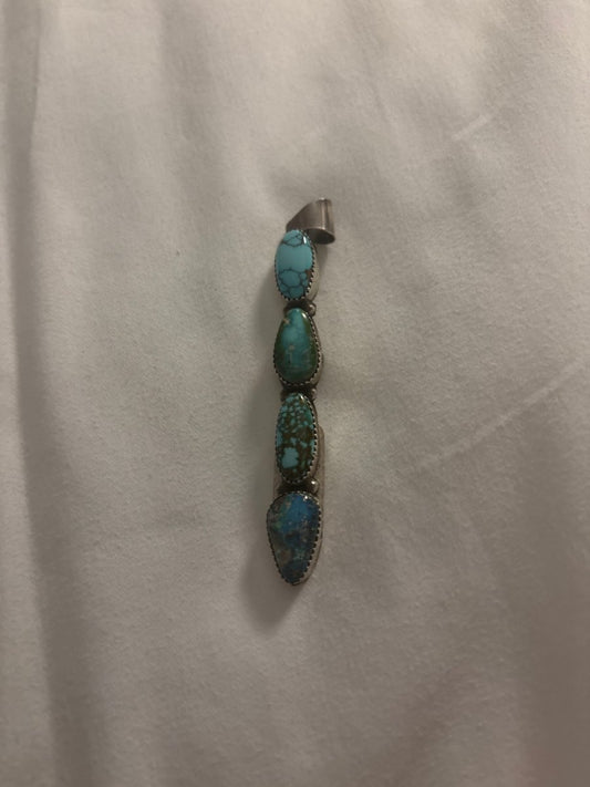 Pendant, 5 - stone, pear shape mixed premium turquoise, sawtooth bezel, Tia Long - Turquoise Mustang