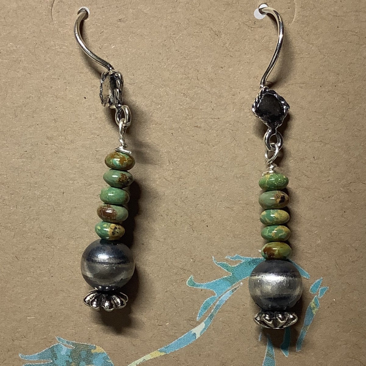 Earrings, N - Pearl with green Kingman Rondelles, Turquoise Mustang - Turquoise Mustang