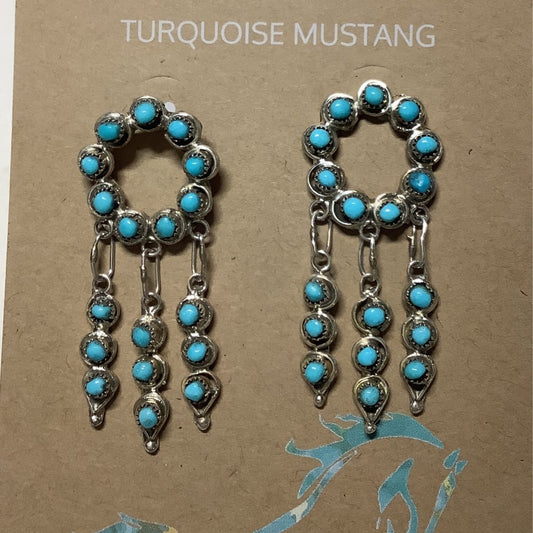 Earring, SB tq. peitie point circles with 3 dangles, Winne Joe - Turquoise Mustang