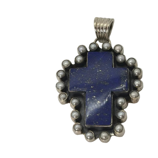 The Quaker Ladies Cross Premium Lapis and Pearl Pendant - Turquoise Mustang