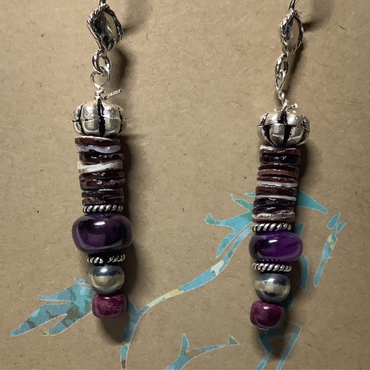 Earrings, N - Pearls, Sugilite, Purple Oyster heishi, Turquoise Mustang (1) - Turquoise Mustang