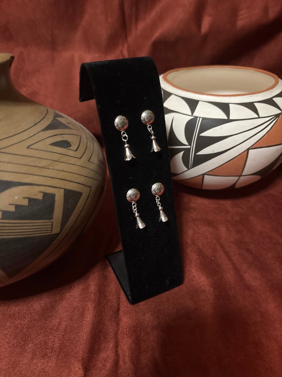 Earring, All - Silver, Concho w/ Dangling Squash - Turquoise Mustang