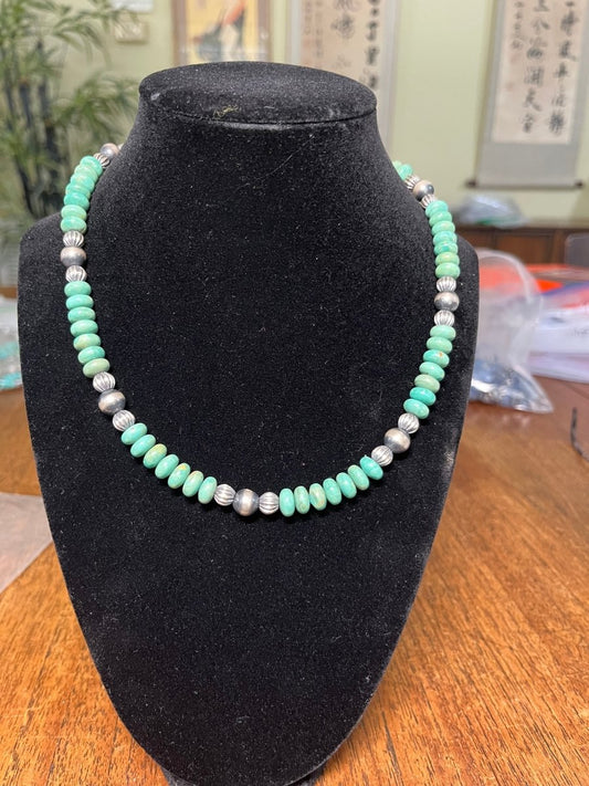17" Seafoam Kingman Rondelle and 8mm Corrugated Silver Bead and 6mm Silver Pearl Necklace (Copy) - Turquoise Mustang