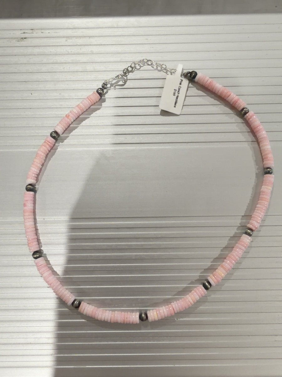 Pink Conch Shell Heishi Necklace with Sterling Silver Beads - Turquoise Mustang