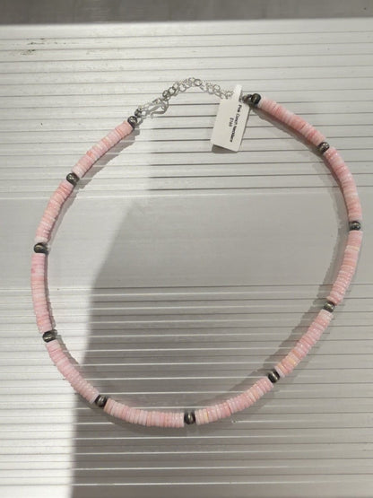 Pink Conch Shell Heishi Necklace with Sterling Silver Beads - Turquoise Mustang