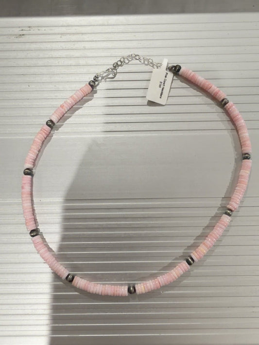 Pink Conch Shell Heishi Necklace with Sterling Silver Beads - Turquoise Mustang