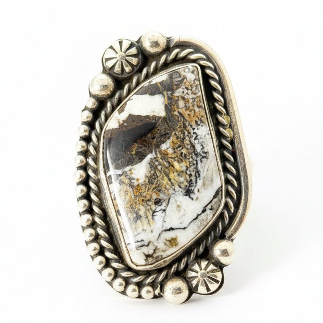 Large Vintage White Buffalo Ring, Size 8.5 Boyd J. Ashley - Turquoise Mustang