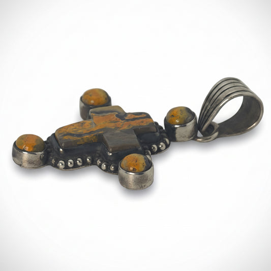 The Cardinal Flower Cross Pendant in Bumblebee Jasper - Turquoise Mustang