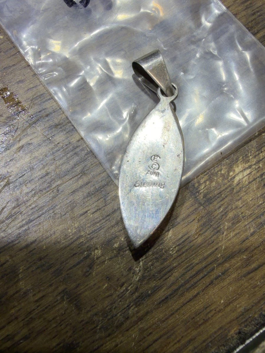 Zuni-Stamped Sterling Silver Marquise Pendant with White Matrix Stone Inlay - Turquoise Mustang