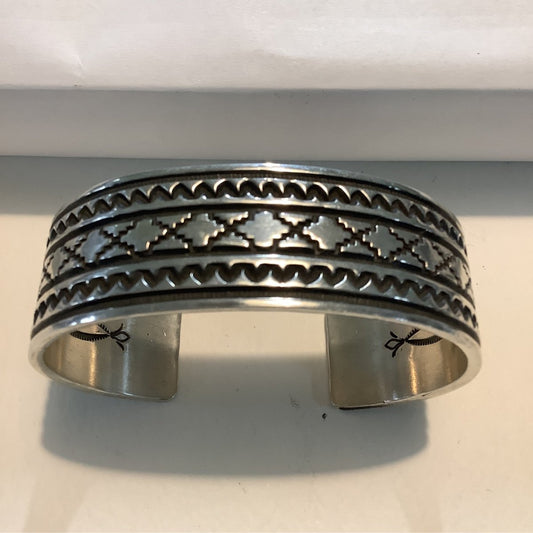 Bracelet, all silver, 3 row stampwork, Albert Jake - Turquoise Mustang