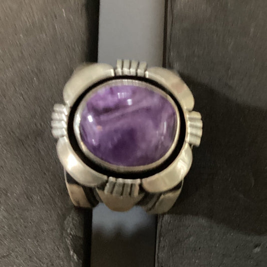 Ring, Charoite Oval, Heavy Beveled Bezel with Filework, Charley Willie - Turquoise Mustang