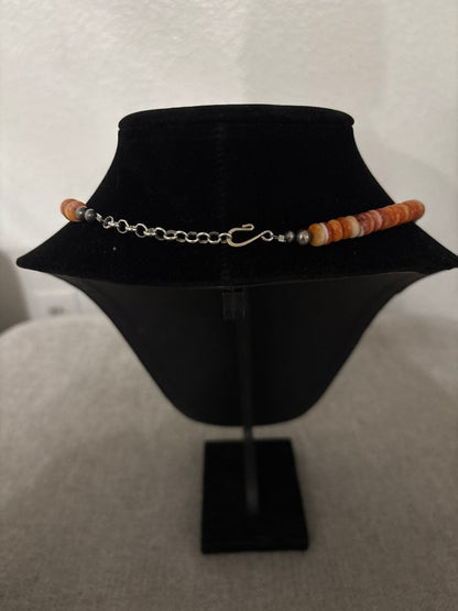 18” Orange Spiny Oyster Rondelle Necklace with Silver Pearl Ends - Turquoise Mustang