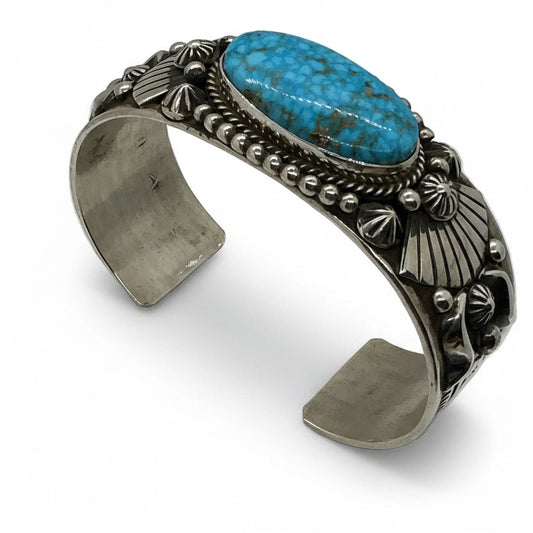 Kingman Waterweb Medium Cuff with Stamp - Work and overlay, J Delgarito - Turquoise Mustang