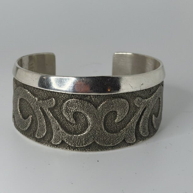 Tufa Cast All - Sterling Silver Scrollwork Cuff Bracelet, Bennie Bowakaty - Turquoise Mustang
